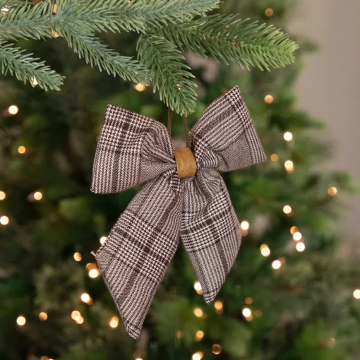 Hot Houndstooth Plaid Bow Christmas Ornament - 7.5" - Brown and Cream Novelty
