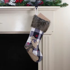 18-Inch Black and White Buffalo Plaid Burlap Reindeer Christmas Stocking Stockings