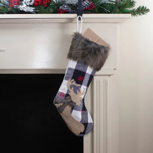18-Inch Black and White Buffalo Plaid Burlap Reindeer Christmas Stocking Stockings