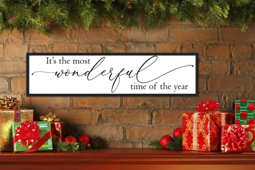 Outlet It's the Most Wonderful Time of the Year Script 8.5" x 31.5" Framed Christmas Wall Decor Sign Poster in a Natural Wooden Frame with UV Acrylic Wall
