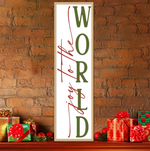 Hot Joy to the World Tall 12.5" x 43.5" Framed Christmas Wall Decor Art Print Sign Poster in a Natural Wooden Frame with UV Acrylic and Hangers Wall