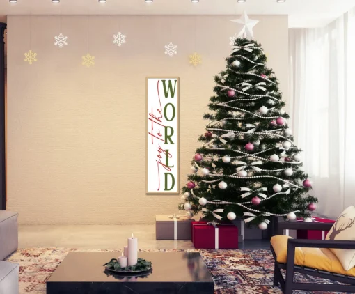 Hot Joy to the World Tall 12.5" x 43.5" Framed Christmas Wall Decor Art Print Sign Poster in a Natural Wooden Frame with UV Acrylic and Hangers Wall
