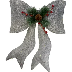 Hot LED Lighted Gradient Mesh Bow Christmas Decoration - 22" - Silver Finish - Warm White Gifts & Bows
