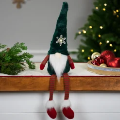 Online LED Lighted Sitting Gnome with Snowflake Christmas Figure - 13" - Green Gnomes