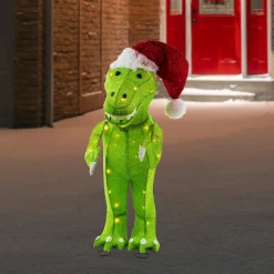 Sale LED Lighted Tinsel Santa T-Rex Dinosaur Outdoor Christmas Decoration - 30" - Warm White Animals