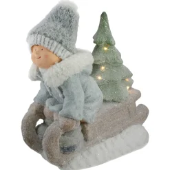 Clearance Lighted Boy on a Sled with Tree Christmas Decoration - 15" - Warm White Lights Porcelain Dolls