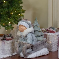 Clearance Lighted Boy on a Sled with Tree Christmas Decoration - 15" - Warm White Lights Porcelain Dolls