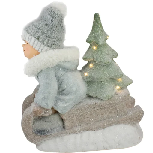 Clearance Lighted Boy on a Sled with Tree Christmas Decoration - 15" - Warm White Lights Porcelain Dolls