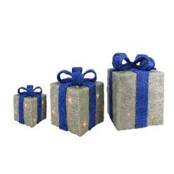 Lighted Gift Boxes Outdoor Christmas Decorations - 10" - Silver and Blue - Set of 3 Gifts & Bows