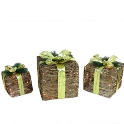 Sale Lighted Glitter Rattan Gift Boxes Christmas Decoration - 12" - Clear Lights - Set of 3 Gifts & Bows