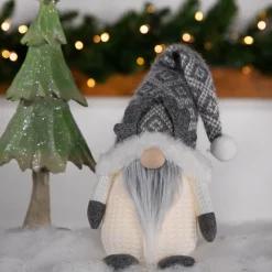 Hot Lighted Gnome with Antlers Christmas Figure - 9" - Gray and White Gnomes