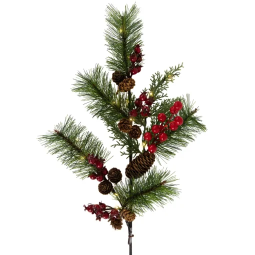 Hot Lighted Pinecone, Berry and Pine Christmas Spray - 27" - Warm White Sprays, Picks & Branches