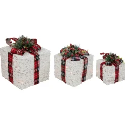 Lighted Textured and Plaid Gift Boxes Outdoor Decorations - Warm White - Set of 3 Gifts & Bows