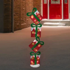 Clearance Lighted Tinsel Stacked Gift Boxes Outdoor Christmas Decoration - 44" - Clear Lights Gifts & Bows
