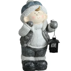 Hot Little Boy Holding a Tea Light Lantern Christmas Figure - 18.5" - White and Gray Candle Holders