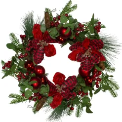 Hot Magnolia and Red Berries Artificial Christmas Wreath - 22-Inch, Unlit Unlit