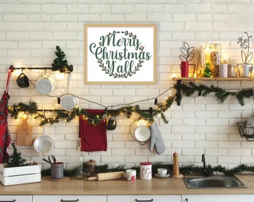 Hot Merry Christmas Y'all 17.5" x 21.5" Framed Christmas Wall Decor Art Print Sign Poster in a Natural Wooden Frame with UV Acrylic and Hangers Wall