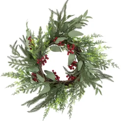 New Mixed Foliage and Red Berries Artificial Christmas Wreath, 24-Inch, Unlit Unlit