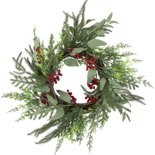 New Mixed Foliage and Red Berries Artificial Christmas Wreath, 24-Inch, Unlit Unlit