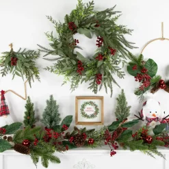 New Mixed Foliage and Red Berries Artificial Christmas Wreath, 24-Inch, Unlit Unlit
