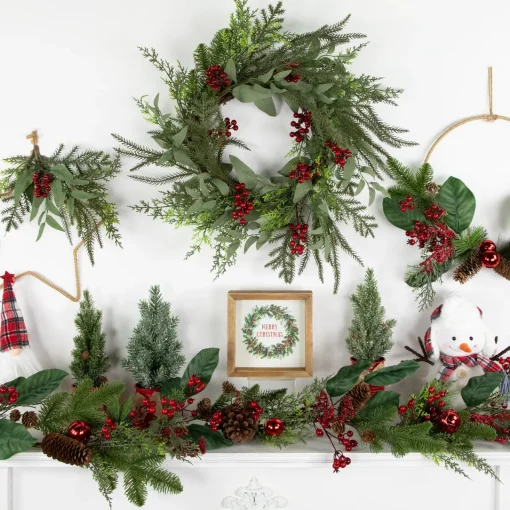 New Mixed Foliage and Red Berries Artificial Christmas Wreath, 24-Inch, Unlit Unlit