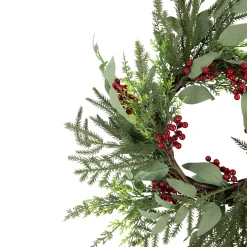 New Mixed Foliage and Red Berries Artificial Christmas Wreath, 24-Inch, Unlit Unlit