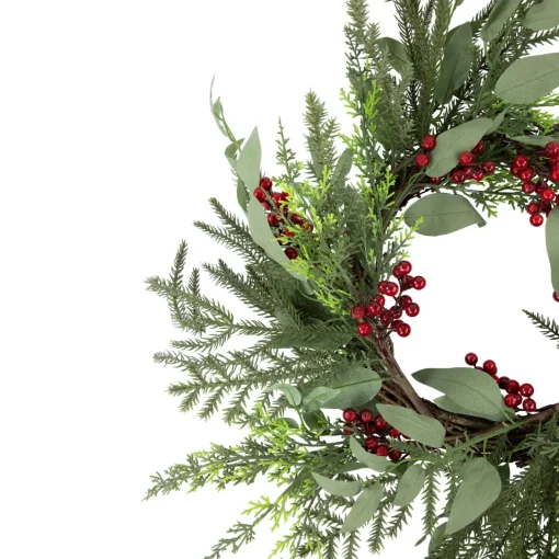 New Mixed Foliage and Red Berries Artificial Christmas Wreath, 24-Inch, Unlit Unlit