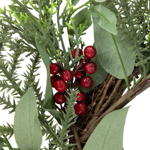 New Mixed Foliage and Red Berries Artificial Christmas Wreath, 24-Inch, Unlit Unlit