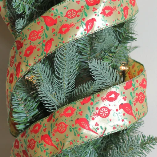 Best Mustard Yellow and Red Cardinals Wired Christmas Craft Ribbon 2.5" x 10 Yards Ribbons & Bows