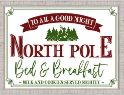 New North Pole Bed and Breakfast 15" x 21.5" Framed Christmas Wall Decor Art Print Sign Poster in a White Wooden Frame with UV Acrylic and Hangers Wall