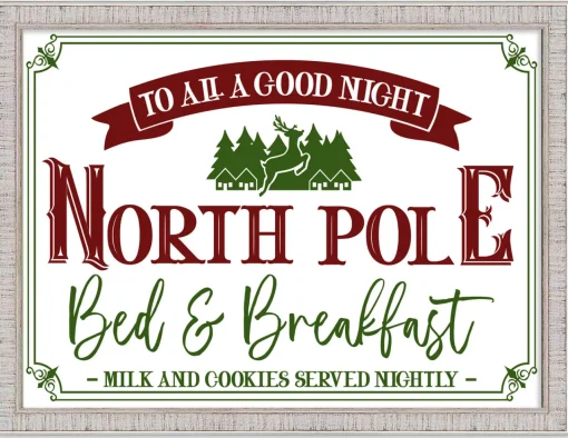New North Pole Bed and Breakfast 15" x 21.5" Framed Christmas Wall Decor Art Print Sign Poster in a White Wooden Frame with UV Acrylic and Hangers Wall