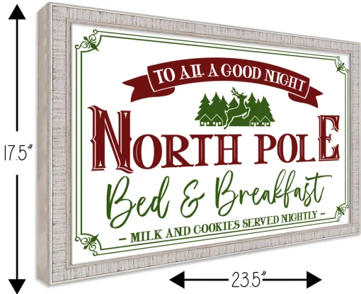 New North Pole Bed and Breakfast 15" x 21.5" Framed Christmas Wall Decor Art Print Sign Poster in a White Wooden Frame with UV Acrylic and Hangers Wall