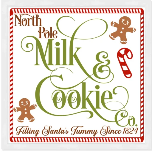 Discount North Pole Milk and Cookie Co 9.5" x 9.5" Framed Christmas Wall Decor Art Print Sign Poster in a Natural Wooden Frame with UV Acrylic and Hangers Wall