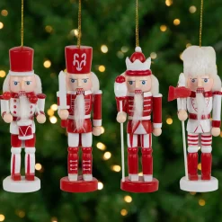 Discount Nutcracker Soldiers Wooden Christmas Ornaments - 5" - Red and White - Set of 4 Nutcrackers