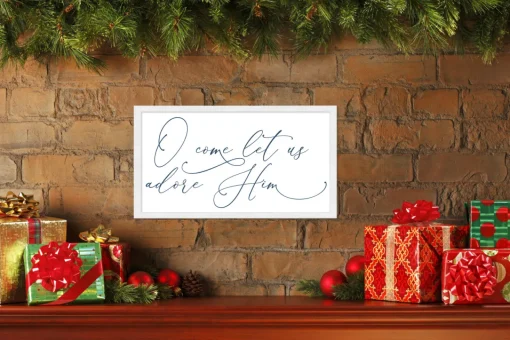 Discount O Come Let Us Adore Him 11.5" x 21.5" Framed Christmas Wall Decor Art Print Sign Poster in a Natural Wooden Frame with UV Acrylic and Hangers Wall