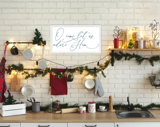 Discount O Come Let Us Adore Him 11.5" x 21.5" Framed Christmas Wall Decor Art Print Sign Poster in a Natural Wooden Frame with UV Acrylic and Hangers Wall