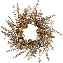 Hot Ornaments, Holly and Berries Artificial Christmas Wreath - 30" - Gold and Copper Tone Unlit