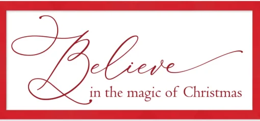 Outlet Oversize Believe in the Magic of Christmas 19" x 43.5" Framed Christmas Wall Decor Sign Poster in a Red Wooden Frame with UV Acrylic and Hangers Wall