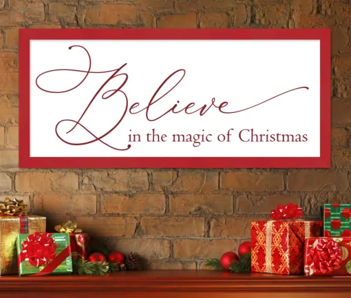 Outlet Oversize Believe in the Magic of Christmas 19" x 43.5" Framed Christmas Wall Decor Sign Poster in a Red Wooden Frame with UV Acrylic and Hangers Wall