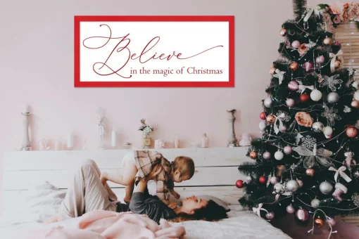 Outlet Oversize Believe in the Magic of Christmas 19" x 43.5" Framed Christmas Wall Decor Sign Poster in a Red Wooden Frame with UV Acrylic and Hangers Wall