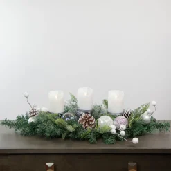 Best Pine and Berries Triple Candle Holder with Iridescent Christmas Ornaments - 32" Candle Holders