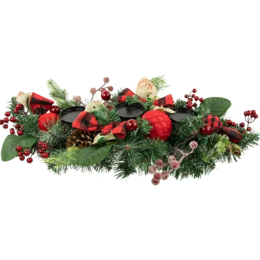 Discount Pine and Berries Triple Candle Holder with Plaid Bows and Christmas Ornaments - 30" Candle Holders
