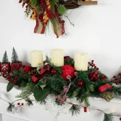 Discount Pine and Berries Triple Candle Holder with Plaid Bows and Christmas Ornaments - 30" Candle Holders