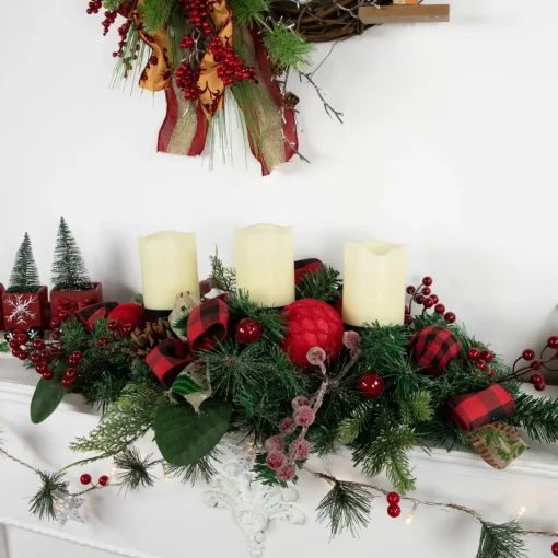 Discount Pine and Berries Triple Candle Holder with Plaid Bows and Christmas Ornaments - 30" Candle Holders