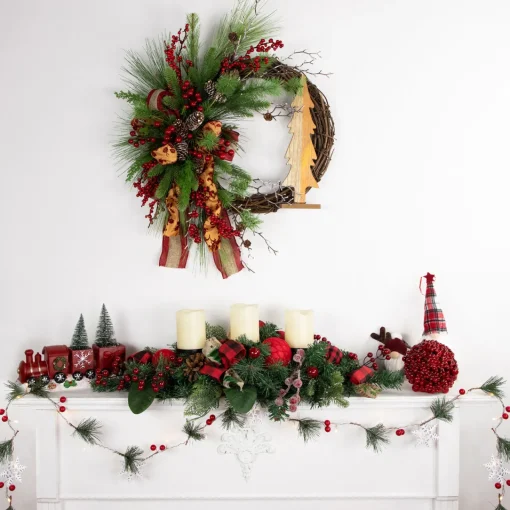 Discount Pine and Berries Triple Candle Holder with Plaid Bows and Christmas Ornaments - 30" Candle Holders