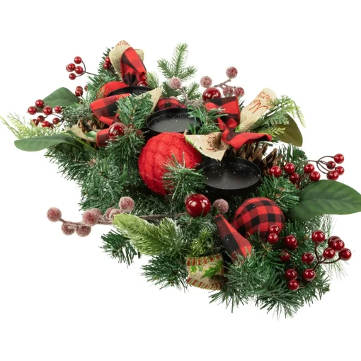 Discount Pine and Berries Triple Candle Holder with Plaid Bows and Christmas Ornaments - 30" Candle Holders