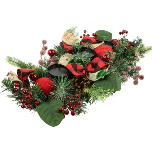 Discount Pine and Berries Triple Candle Holder with Plaid Bows and Christmas Ornaments - 30" Candle Holders