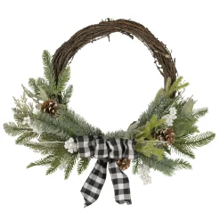 New Plaid Bow and Winter Foliage Artificial Christmas Twig Wreath - 23-inch, Unlit Unlit