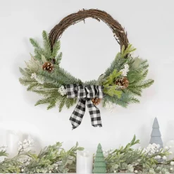 New Plaid Bow and Winter Foliage Artificial Christmas Twig Wreath - 23-inch, Unlit Unlit