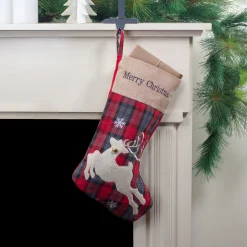 New Plaid Merry Christmas Reindeer Stocking - 19" - Red and Green Stockings